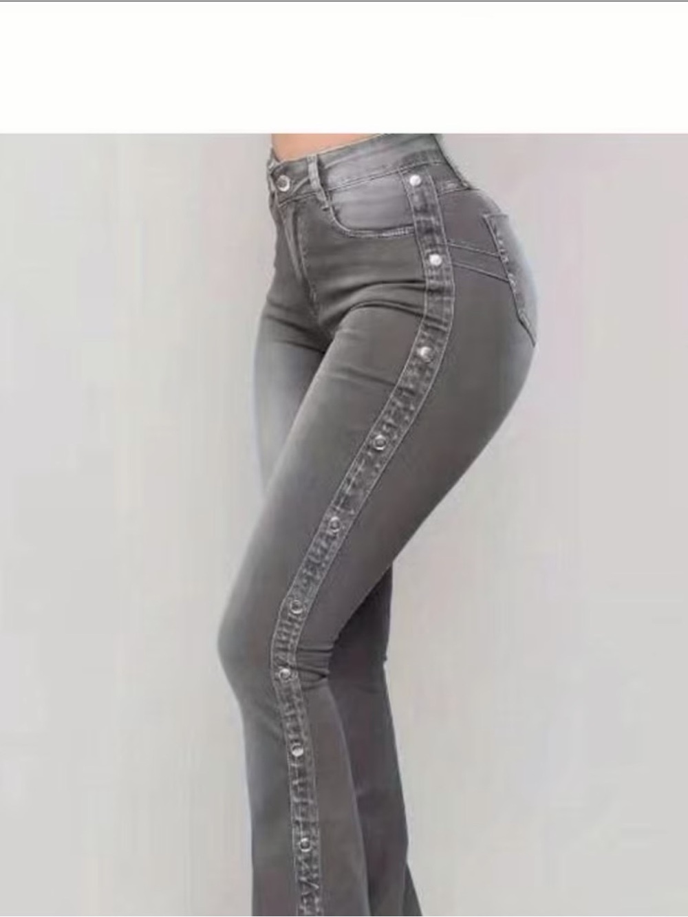 High-Rise Gray Side-Button Flare Jeans for Women